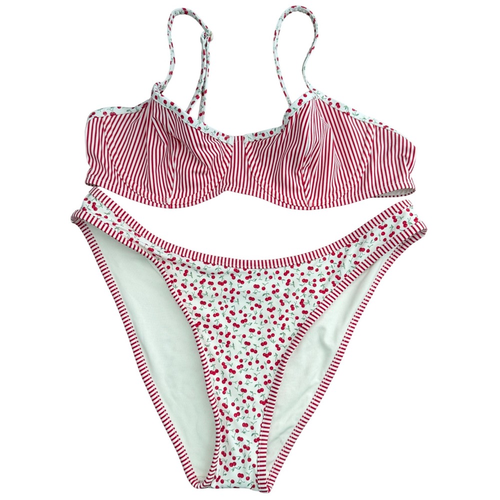 PINK by Frankies Bikinis Red White Striped Cherry Underwire Bikini Set Large NWT